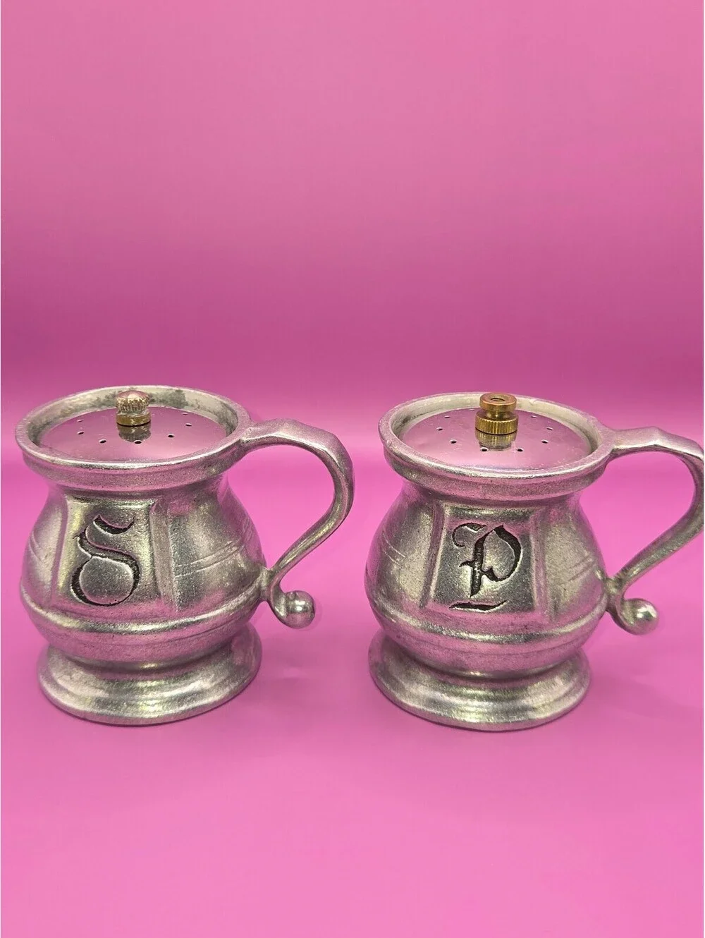 Vintage AMF USA Made Pewter Salt and Pepper Shakers Set with Handles